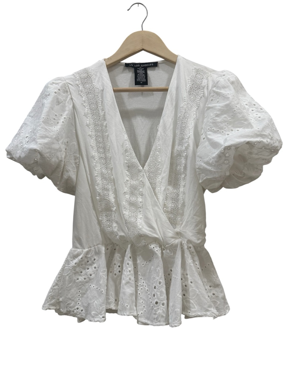 Liv Los Angeles White Eyelet Wrap Peplum Blouse with Puff Sleeves